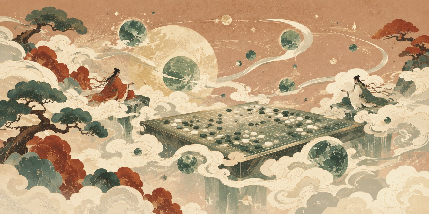 星河棋局：东方青绿山水与棋盘的满幅壁画